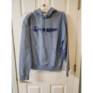 Champion Powerblend Hoodie Men M Blue Spellout Pullover Sweatshirt Streetwear